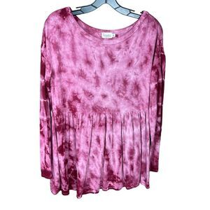 Baea Top Peplum Tunic Round Neck Pink Magenta White Tie Dye Long Sleeve Large